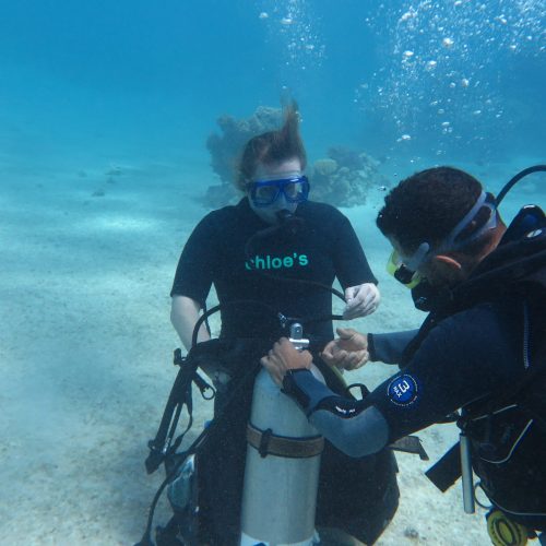 A photo of an instructor from chloes diving center in hurghada helping an open water student to wear the bcd underwater